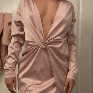 Fashion Nova Pink Satin Knot Front Mini Wrap Dress V-Neck Long Sleeve S